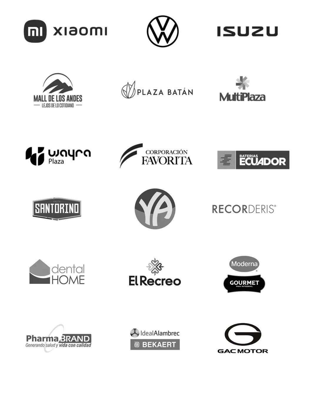 Productora Audiovisual Ecuador logotipos de clientes Isuzu, Xiaomi, GAC, El Recreo, Wayra