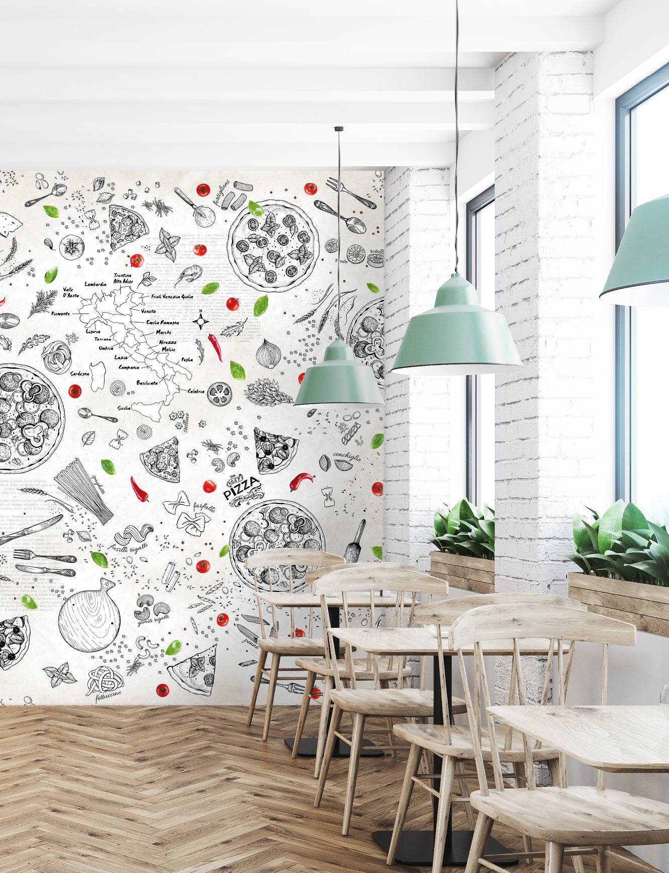 Pizzeria wall design on Dimense Media Matt