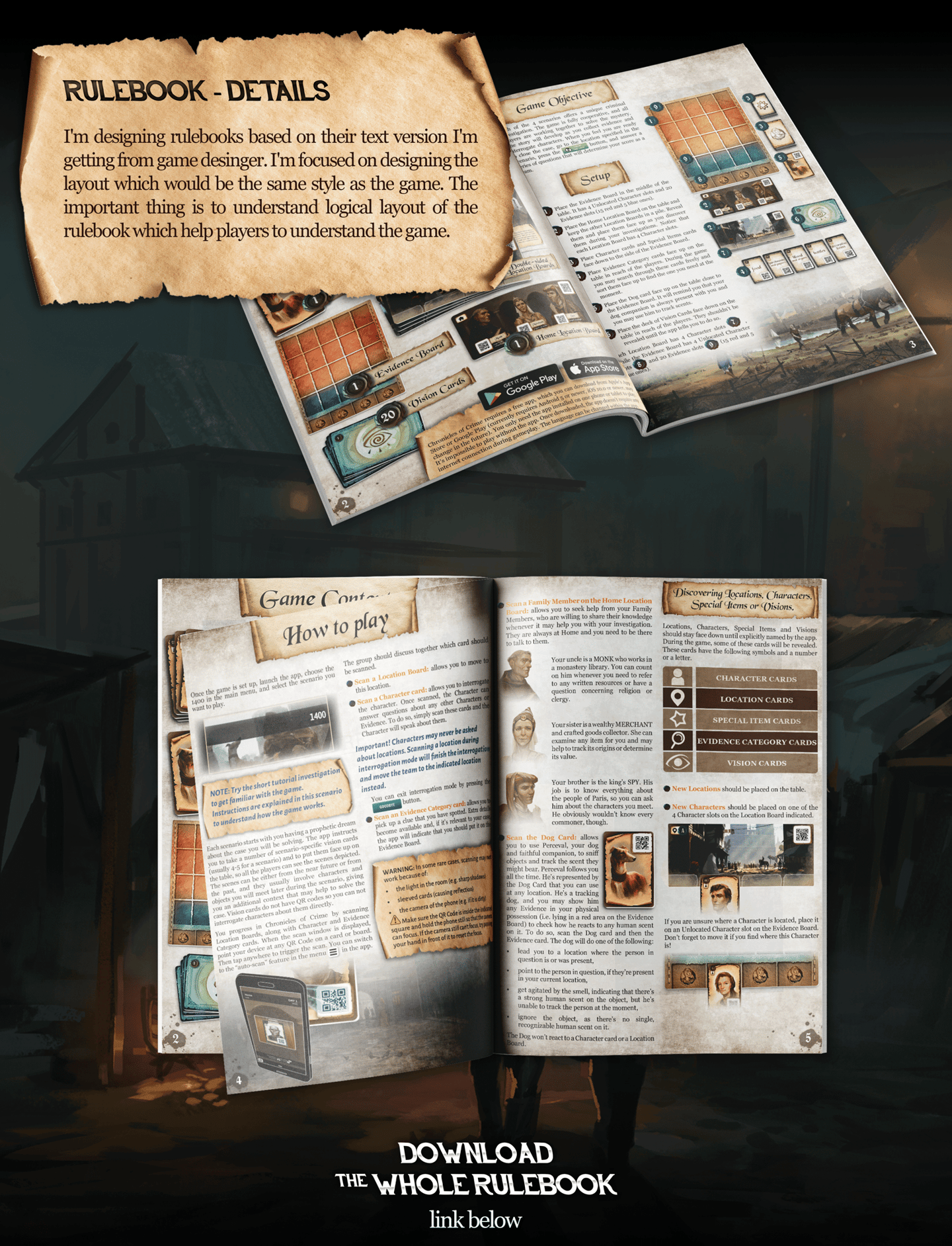 Details of rulebook graphic design I did for the game.