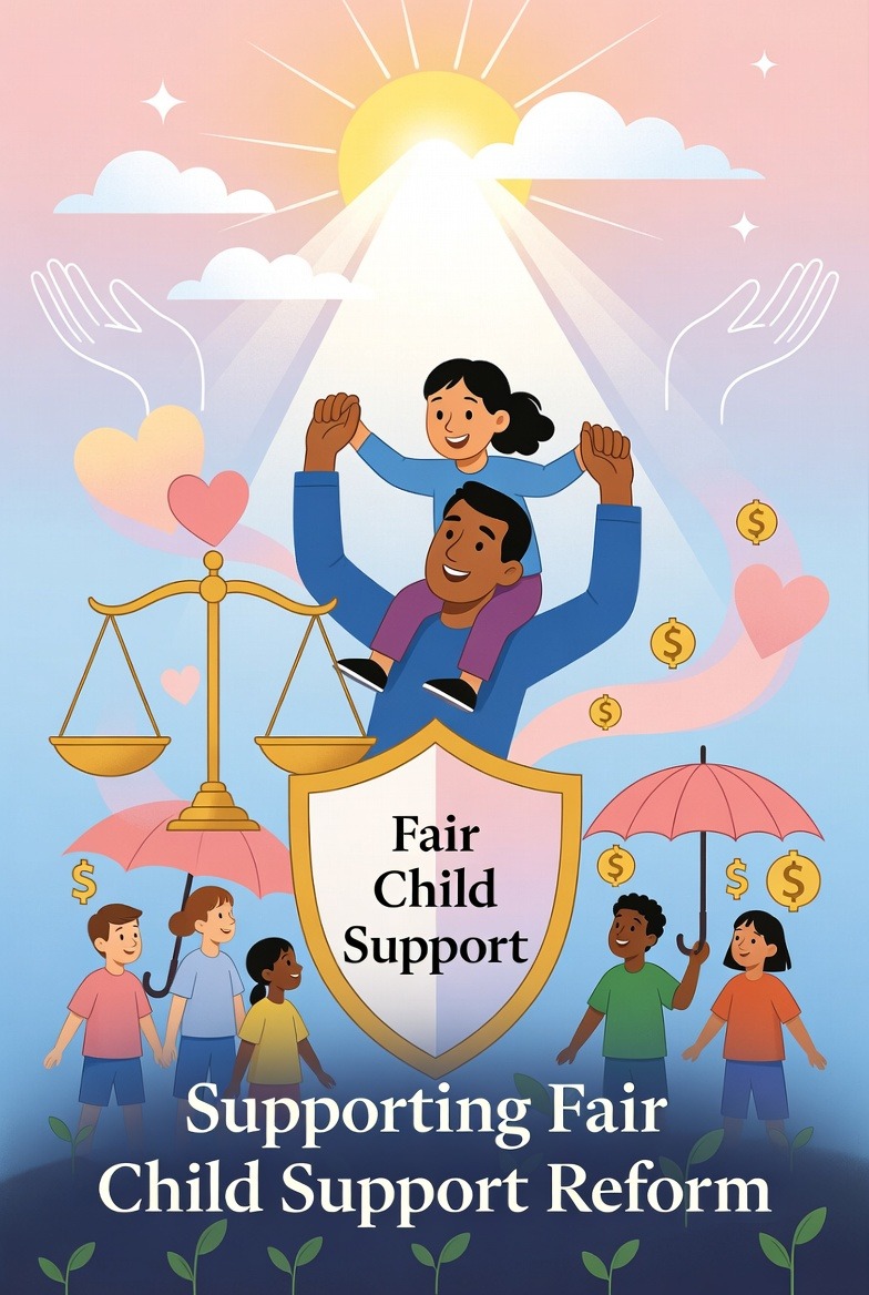 a father raises his child on his shoulders with the scales of justice in the forefront 