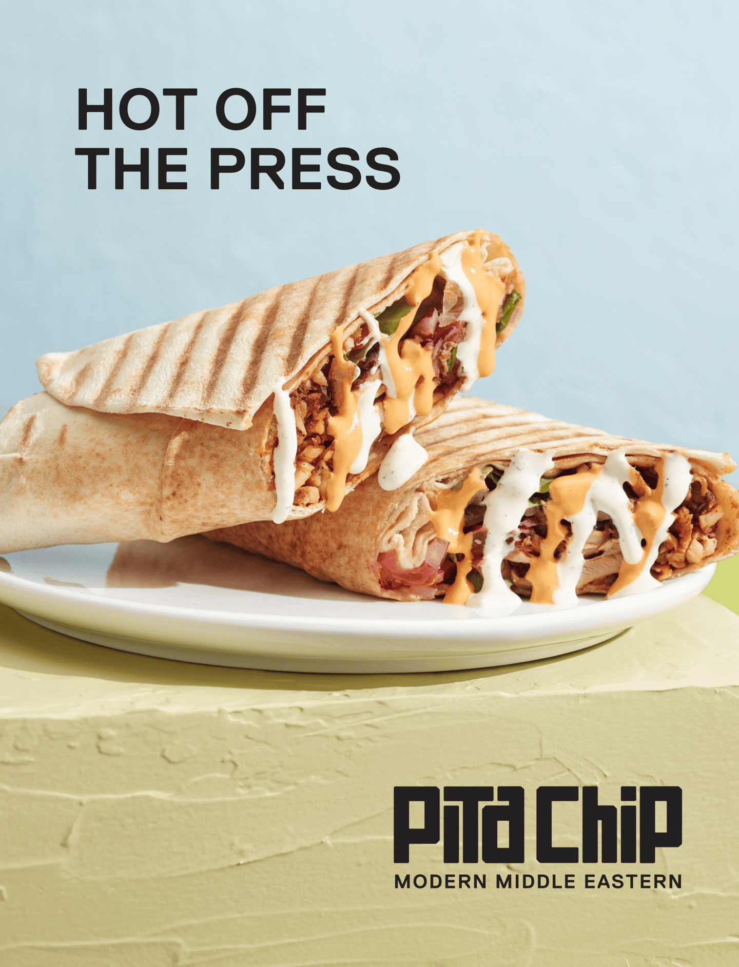 A promotional poster depicting a shawarma wrap and text that says "Hot Off the Press"