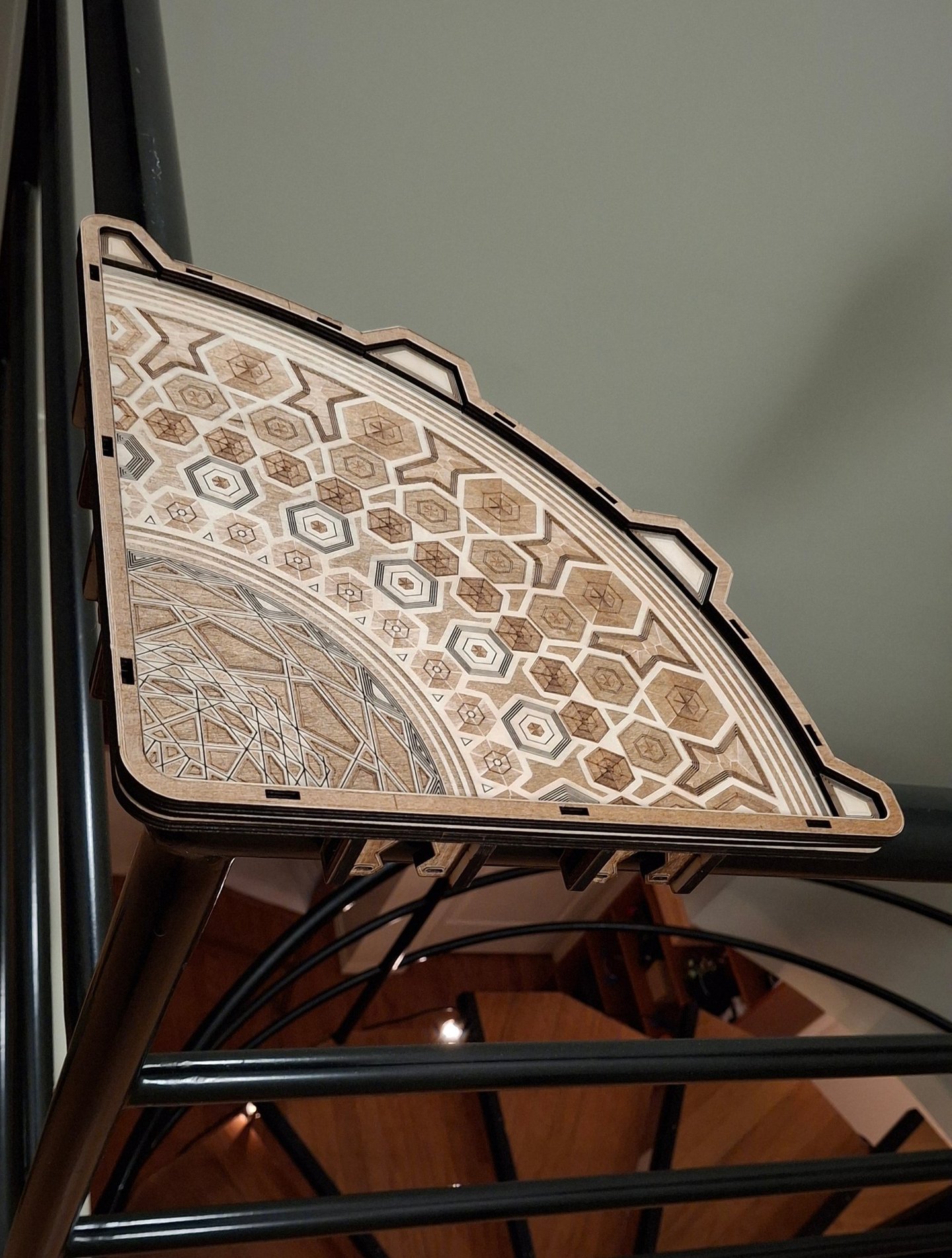 Wooden spiral staircaise railing accent ~ a custom fit geometric wooden railing shelf