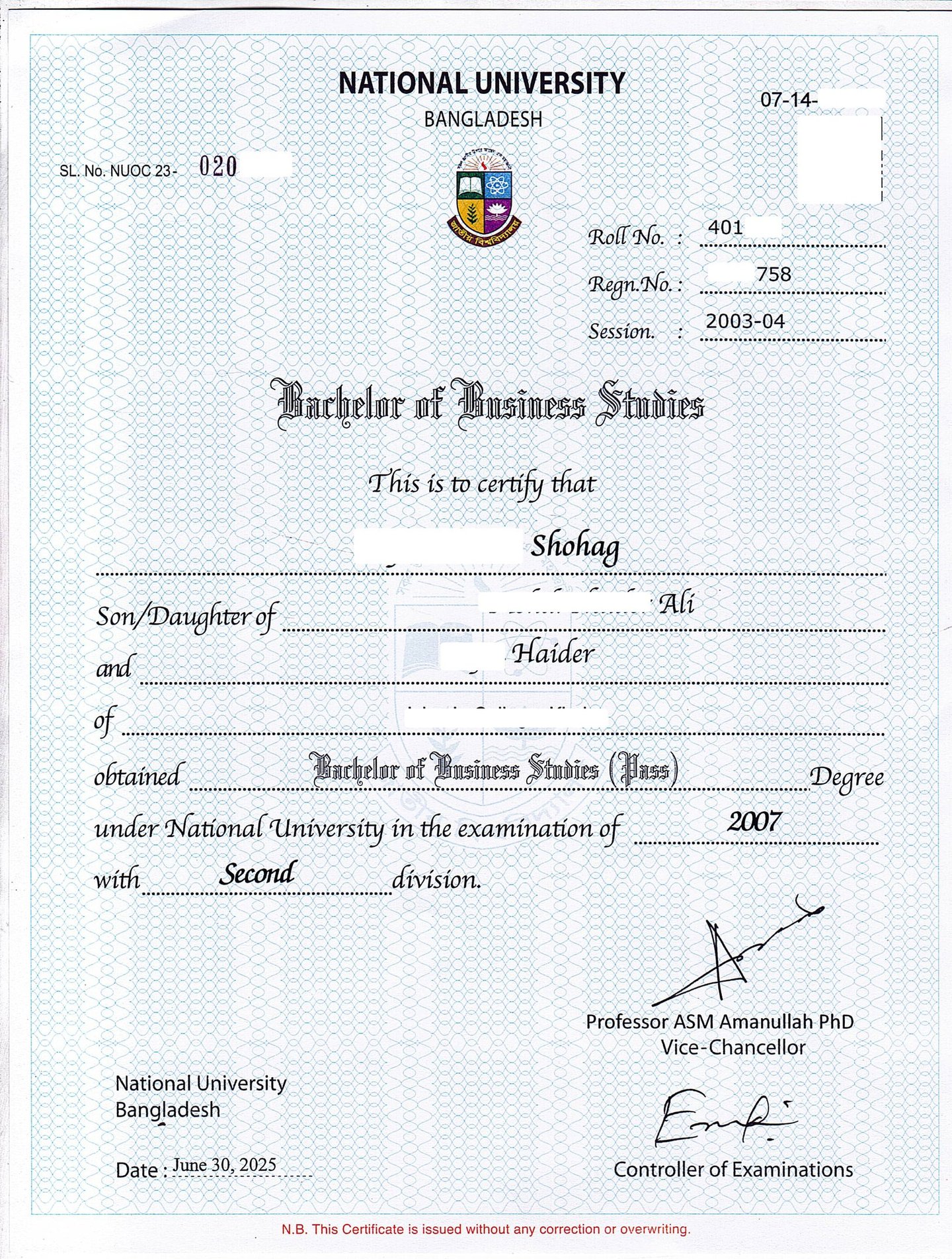 জাতীয় বিশ্ববিদ্যালয়ের মূল সনদ- Nu_ac_bd National Main Certificate