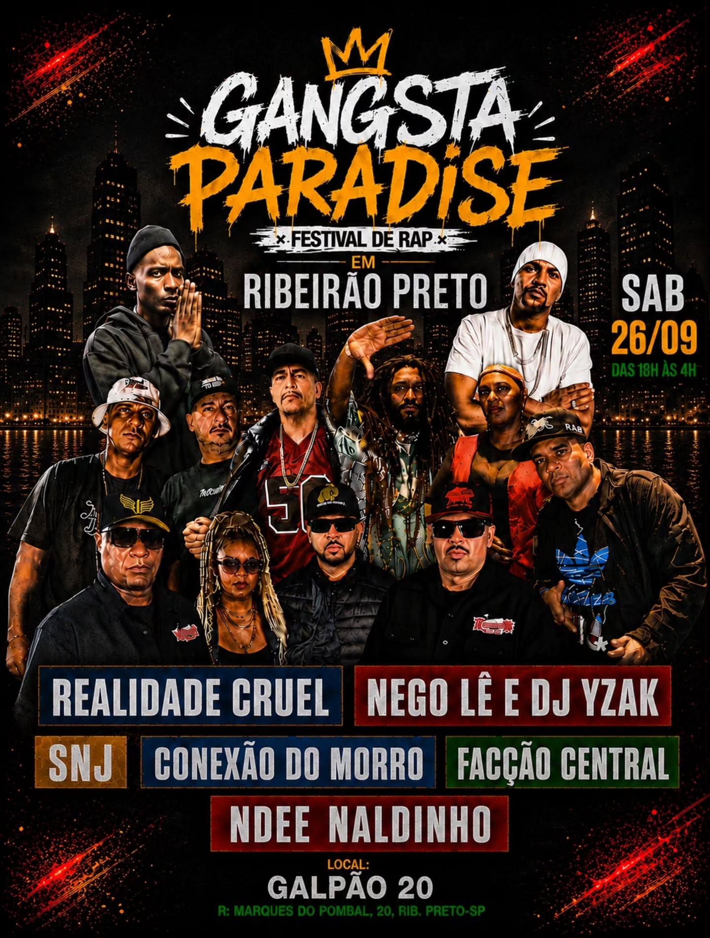 Cartaz oficial do festival Gangsta Paradise 2026 em Ribeirão Preto com grandes nomes do rap nacional