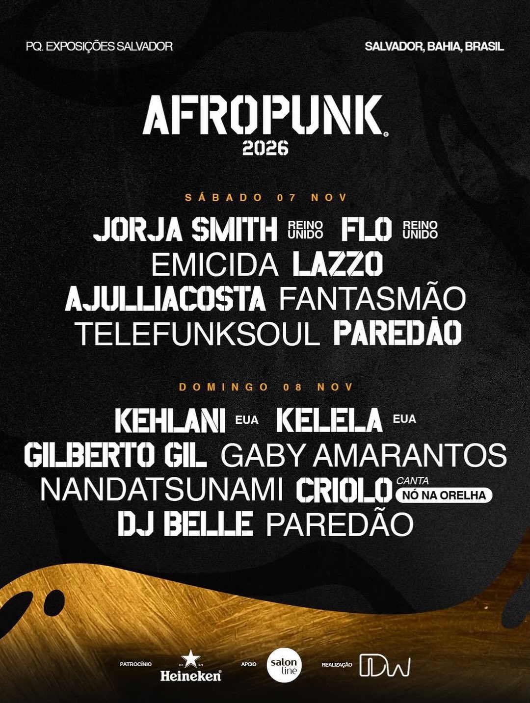 Cartaz oficial do Afropunk Brasil 2026 com atrações nacionais e internacionais em Salvador