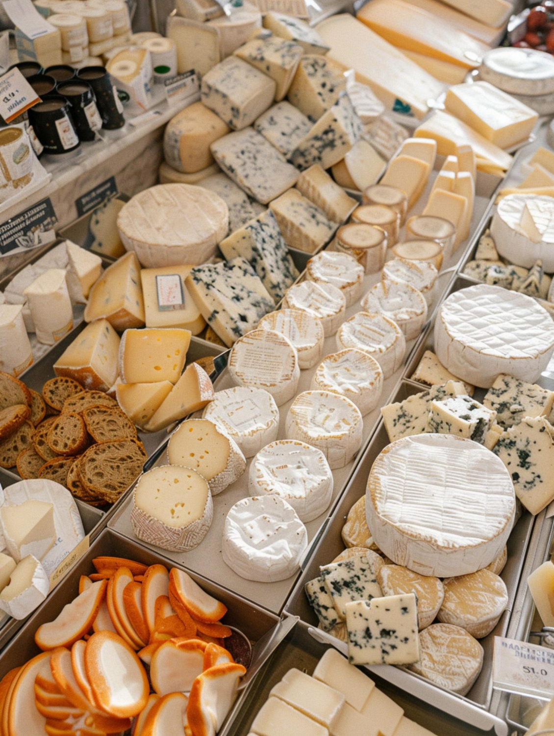 Artisan cheese display featuring wheels of brie, blue cheese wedges, and sliced baguettes in a French deli.