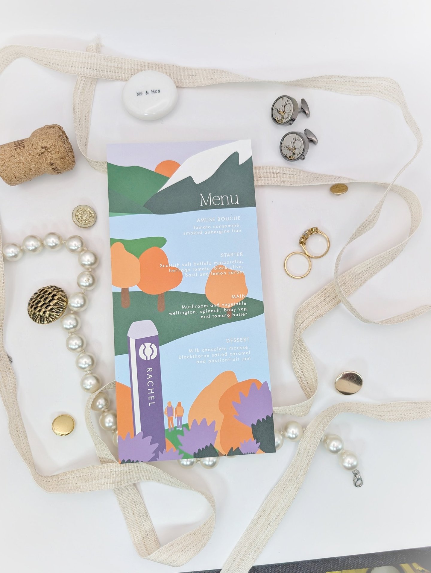 A personalised illustrated menu featuring Loch Lomond and the guest's name on the waymarker