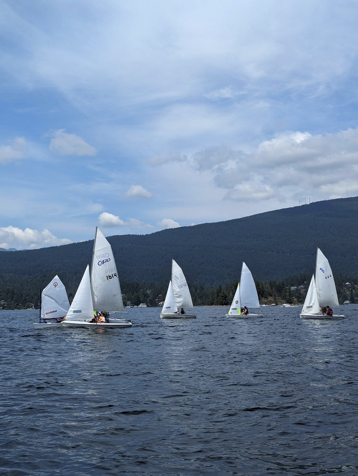 Adults are sailing in CANSail lessons at Deep Cove Yacht Club. Beginner lessons.. 