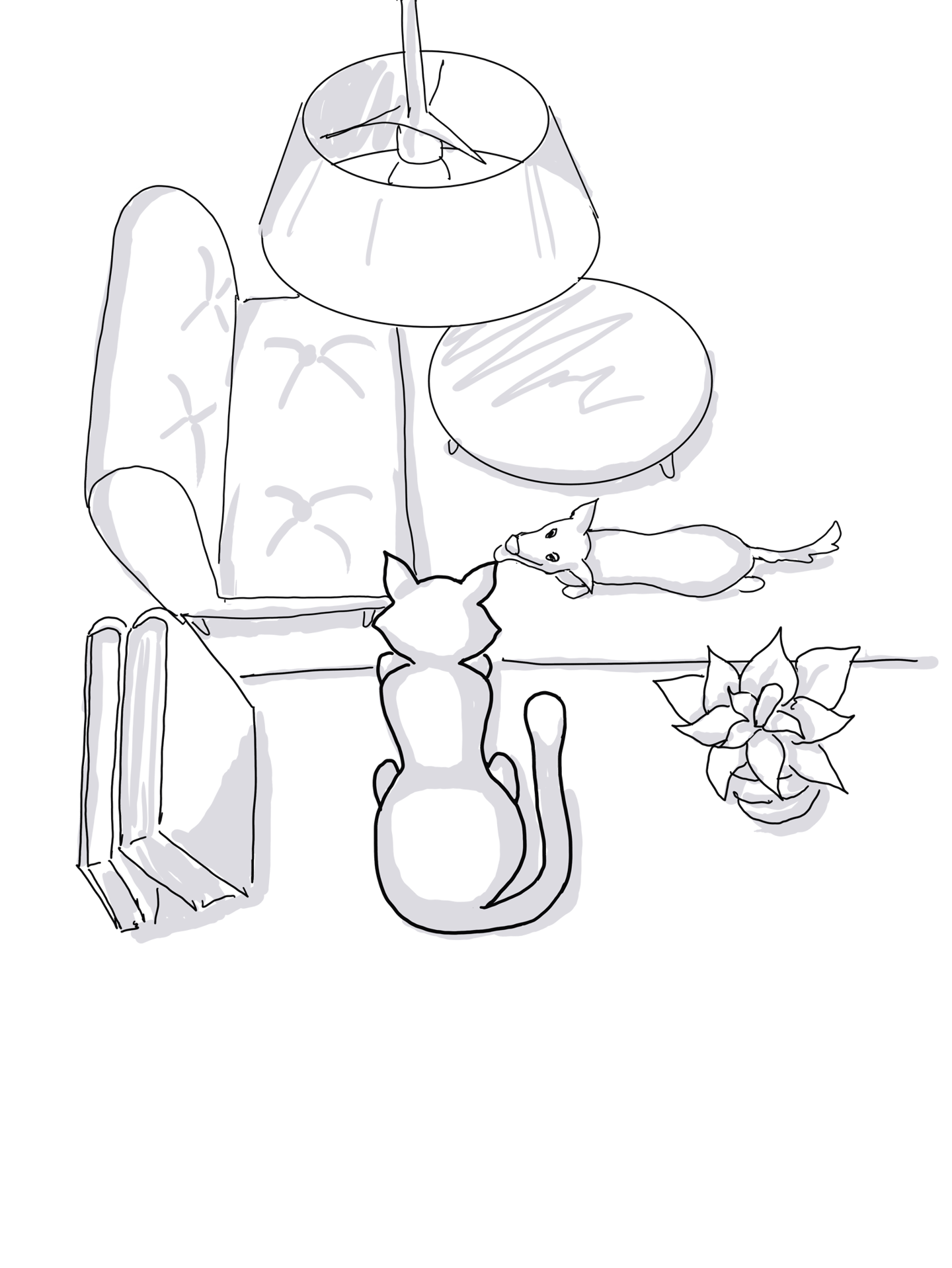 a drawing of a cat in a shelf looking down in the living room where there a dog looking back