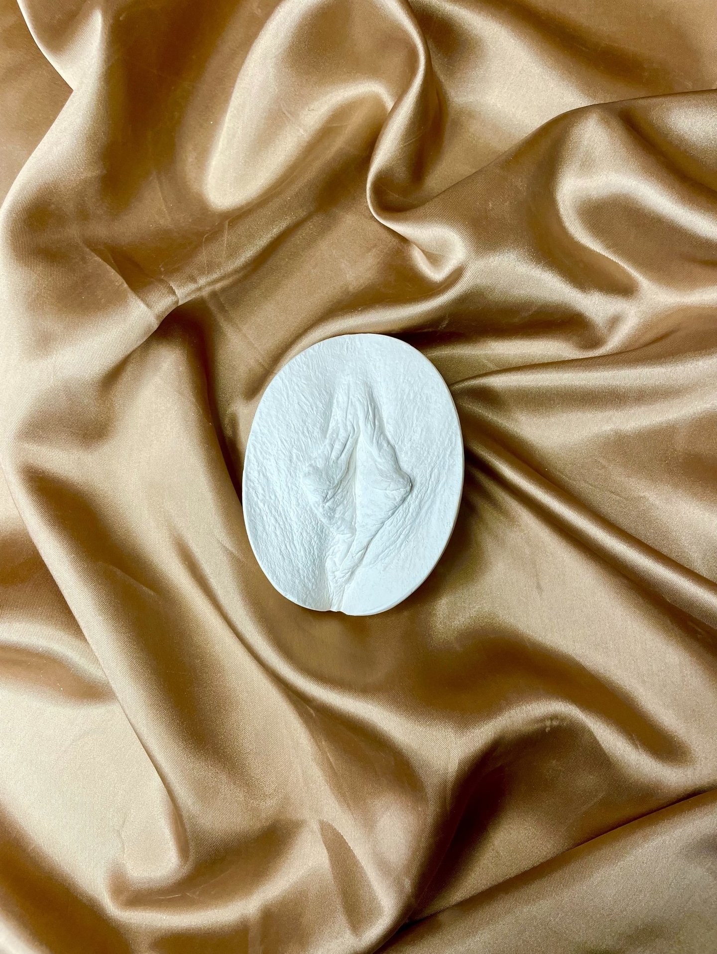 Vulve en plâtre oval sur fond doré - Moulage intime Bordeaux