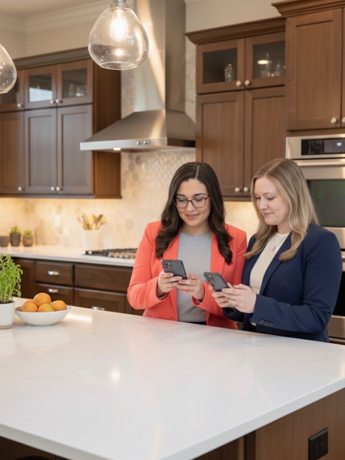 two women standing in a kitchen with a tablet and a tablet