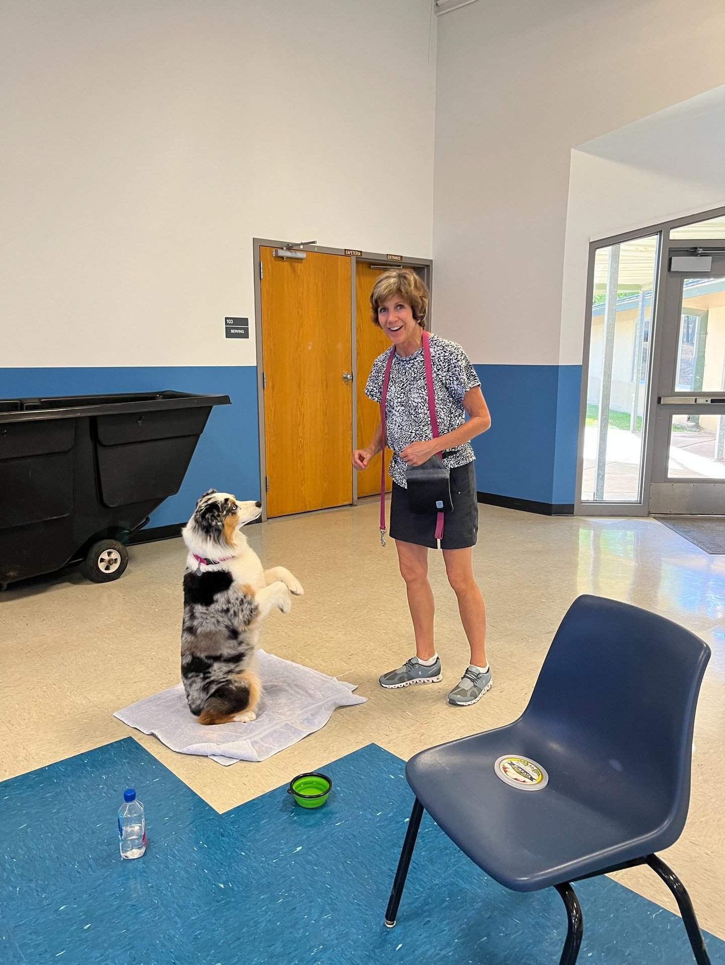 a dog holds a sit pretty position while the owner smiles