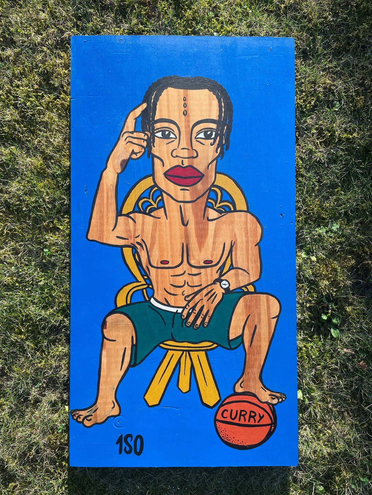 Peinture acrylique sur bois de récupération - Caricature pour cadeau d'anniversaire d'un basketteur