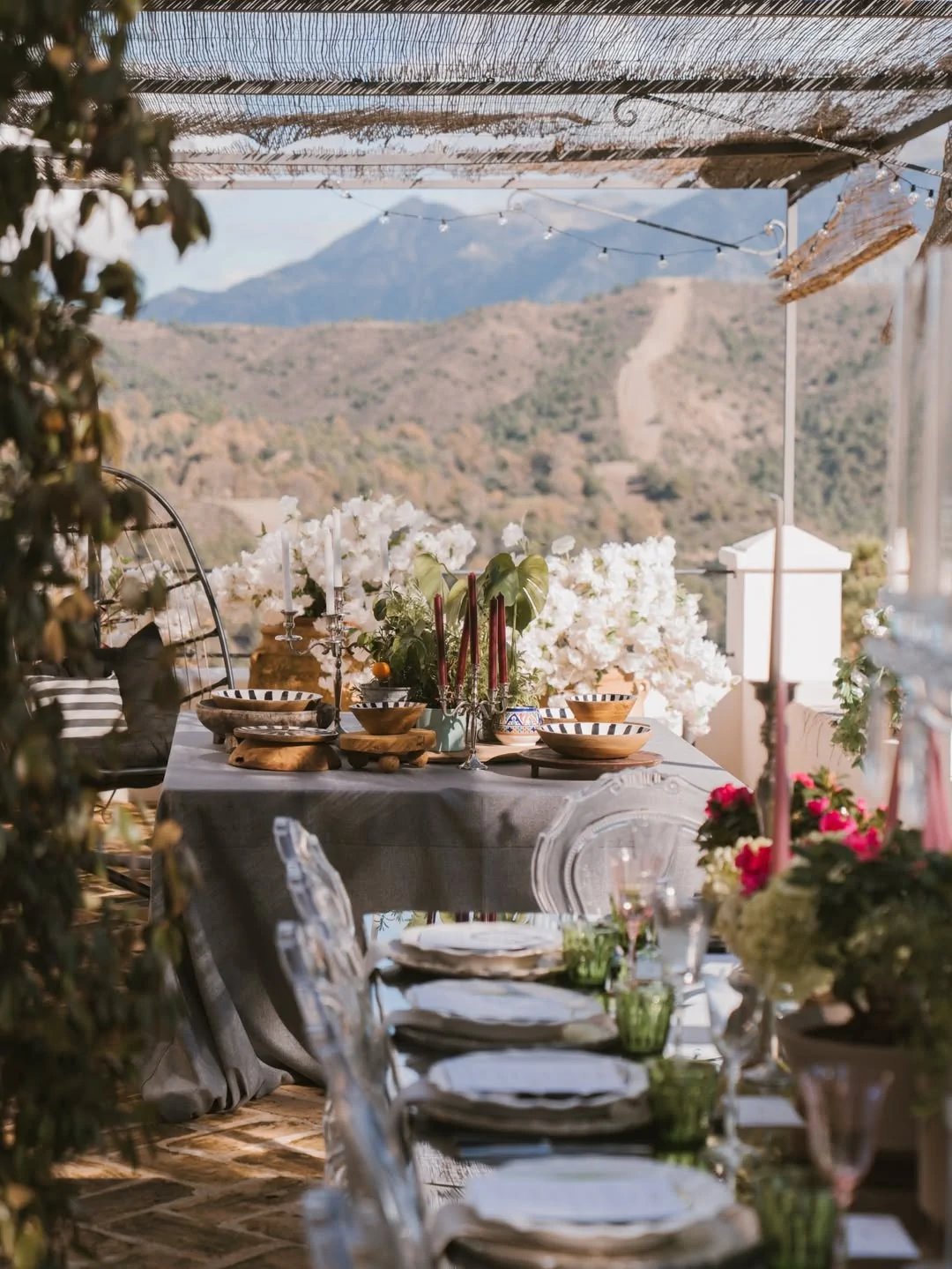 Al fresco dining table with countryside backdrop