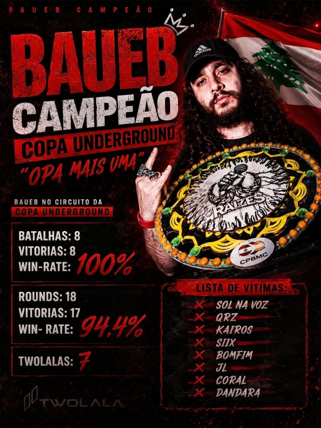Baueb campeão da Copa Underground segurando cinturão de batalhas de rima