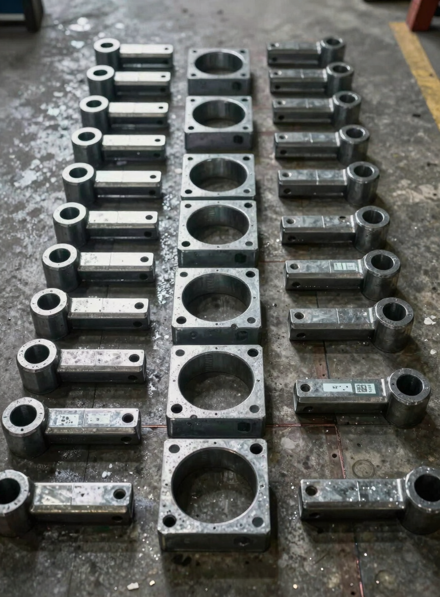 Tight overhead shot of finished hot-forged scaffolding couplers laid out on a concrete floor, forging seams visible, ambient fluorescent factory lighting, industrial documentary framing