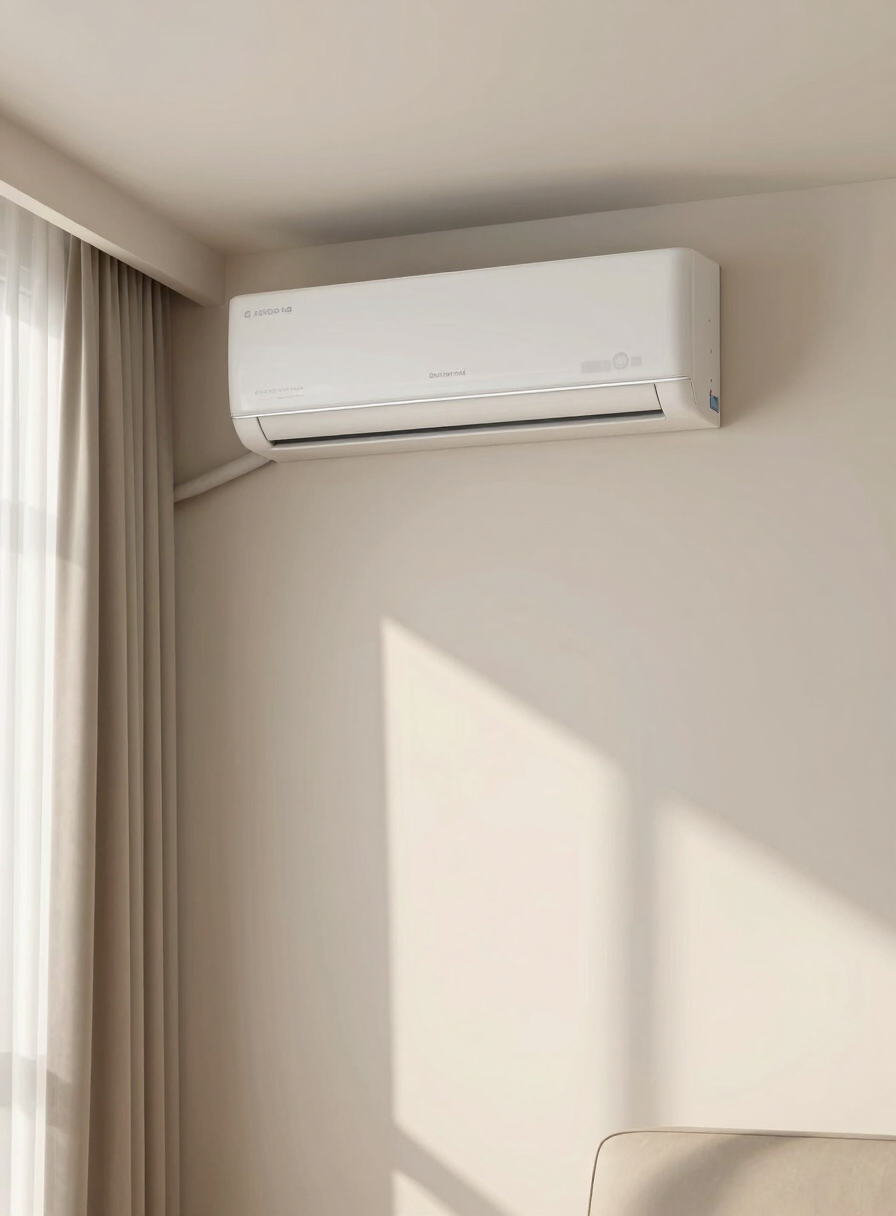Wide shot of a living room with a clean split AC unit mounted high on the wall, bright morning daylight streaming through curtains, tidy interior, no people, focus on the installed unit and its surroundings