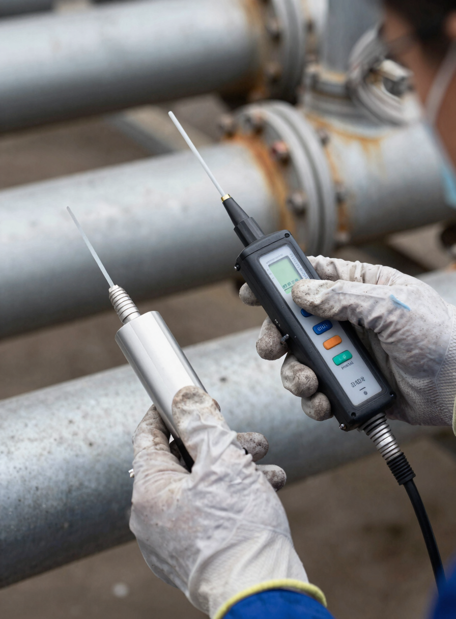 Close-up documentary shot of a technician's gloved hands collecting an air quality sample with a calibrated pump instrument at an industrial site, corroded steel pipes in soft focus background, hard natural daylight from above, no fill lighting, gritty surface texture visible
