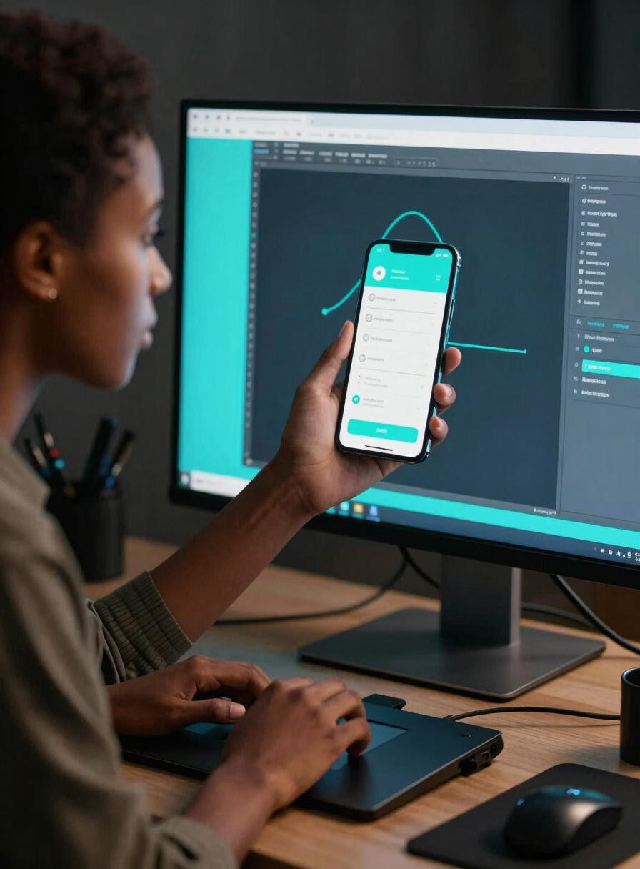 Close-up of a young African designer reviewing a mobile app UI on a large monitor in a dark studio, neon cyan glow from the screen illuminating their face and hands on a trackpad, cables and design tools visible on the desk, cinematic contrast