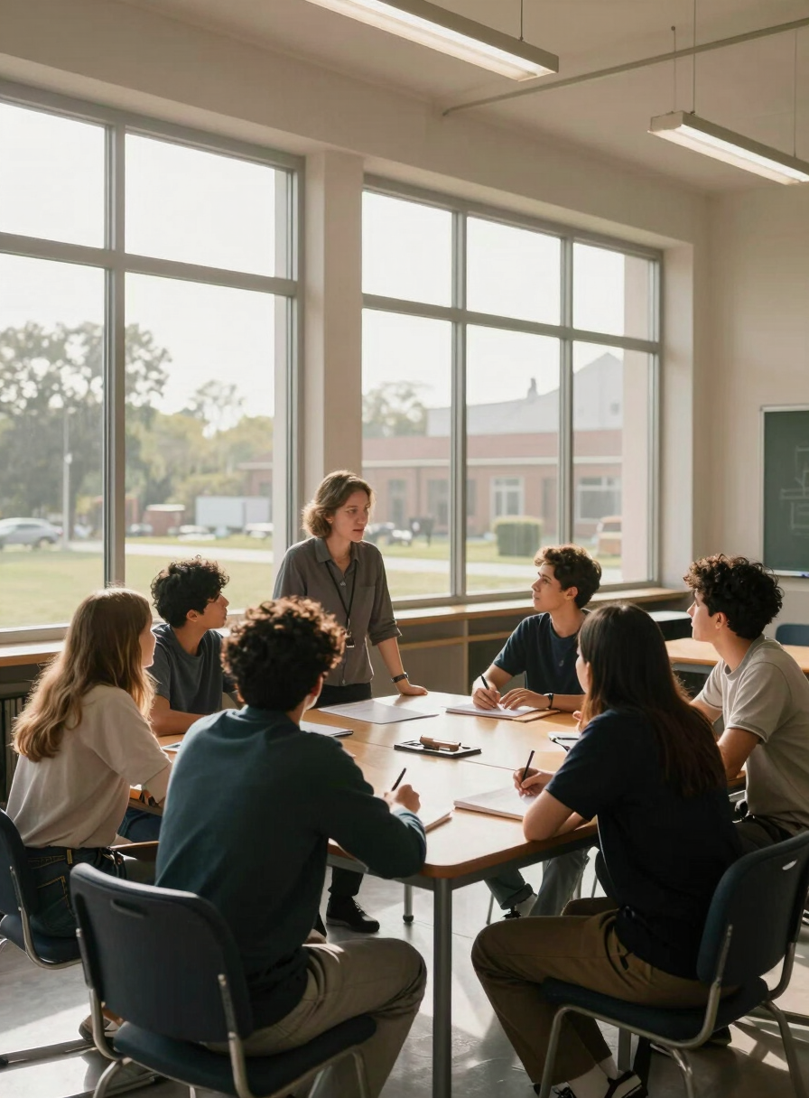 Wide classroom environment shot from the side, natural daylight streaming through tall windows, teacher and students gathered around a table in collaborative discussion, notebooks and materials visible, documentary framing, warm professional tone