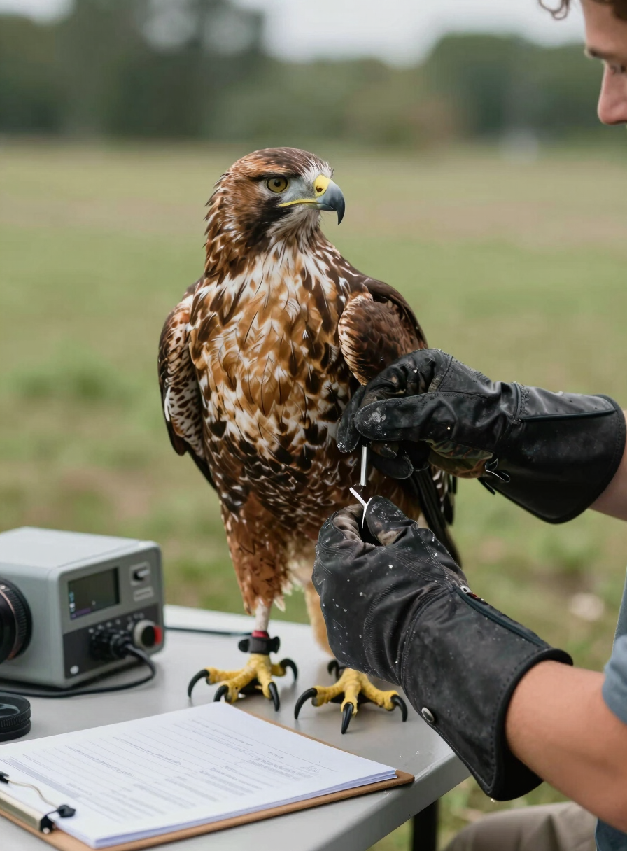 Overcast daylight, close-up of gloved hands securing a hawk for wing examination on a field table, monitoring equipment and data clipboard visible at the edge of frame, muted green vegetation out of focus in background