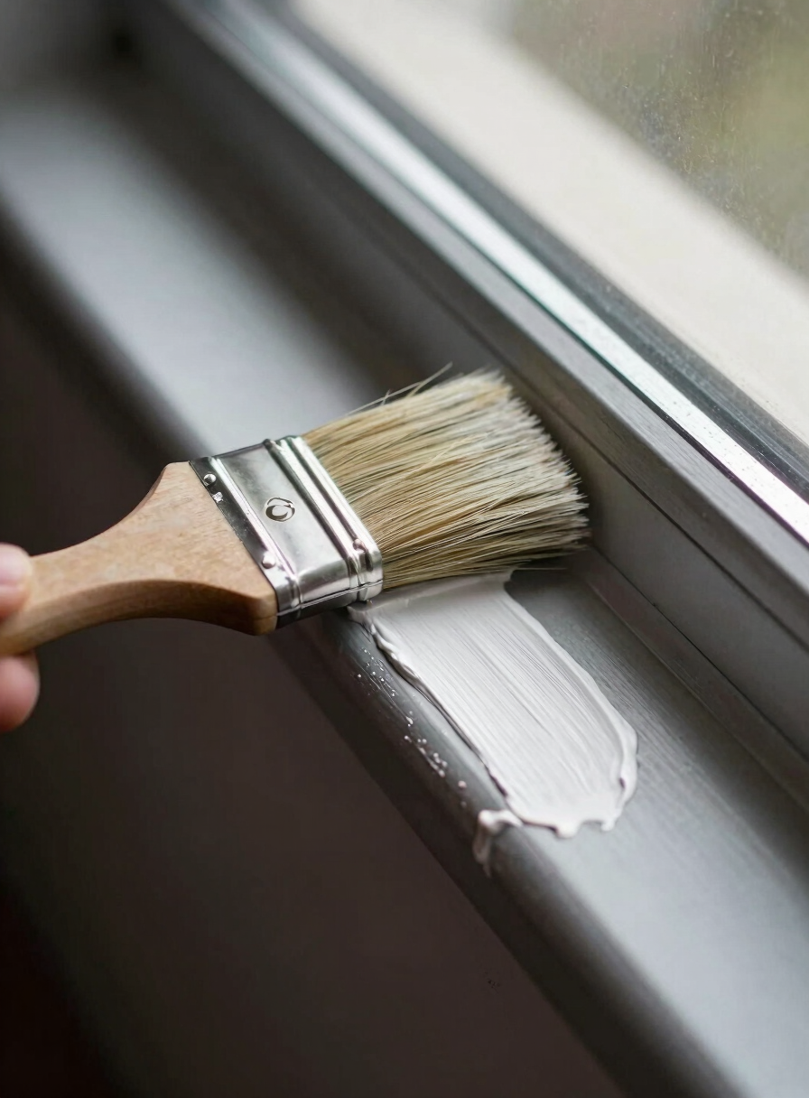 Close-up of a painter's brush laying a clean, sharp line of white paint along a dark window trim, natural daylight, visible bristle texture and precise edge