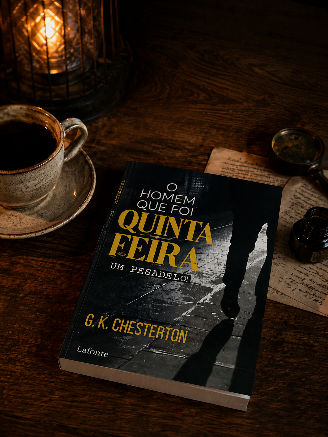 A copy of G.K. Chesterton's The Man Who Was Thursday on a wooden desk with a cup of coffee and a lantern.