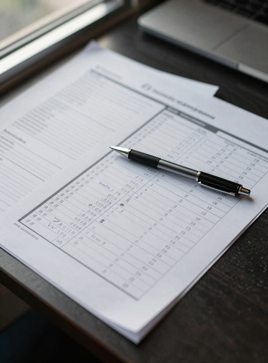 Overhead close-up of a printed financial report spread across a dark desk, pages marked with handwritten annotations in pencil, a mechanical pencil resting diagonally across the sheets, soft north-facing daylight from an office window illuminating the document surface