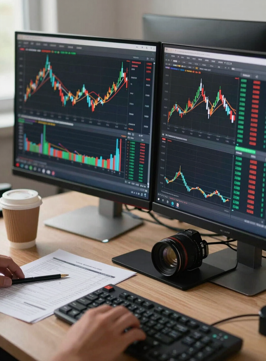 Close-up of a dual-monitor workstation showing financial data models and anomaly detection charts, a coffee cup and printed spreadsheet beside the keyboard, soft diffused daylight from the left, no person visible, precise and focused atmosphere