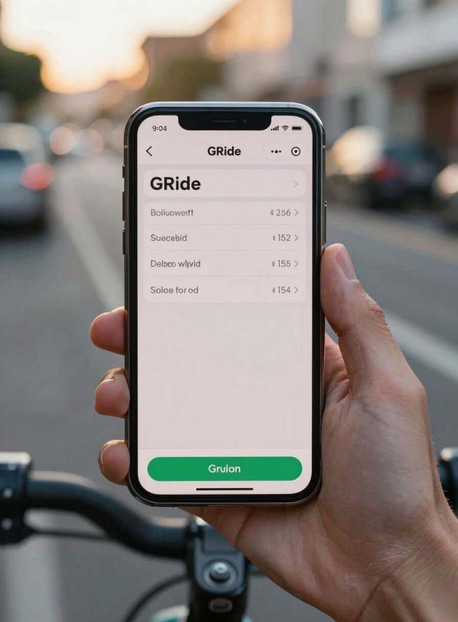 Close-up portrait of a smartphone screen mid-transaction showing a GRide booking confirmation UI, held in a rider's hand against a blurred golden-hour street backdrop, natural daylight catching the phone glass edge