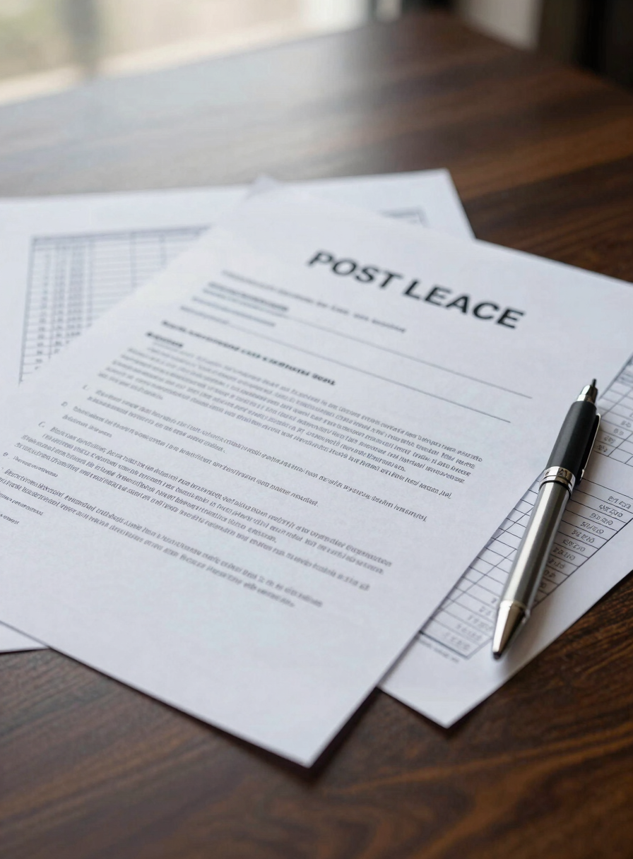 Close-up of a property lease document and printed financial data sheet spread on a dark wood desk under soft north-facing window light, a mechanical pencil resting diagonally across the corner, no hands visible