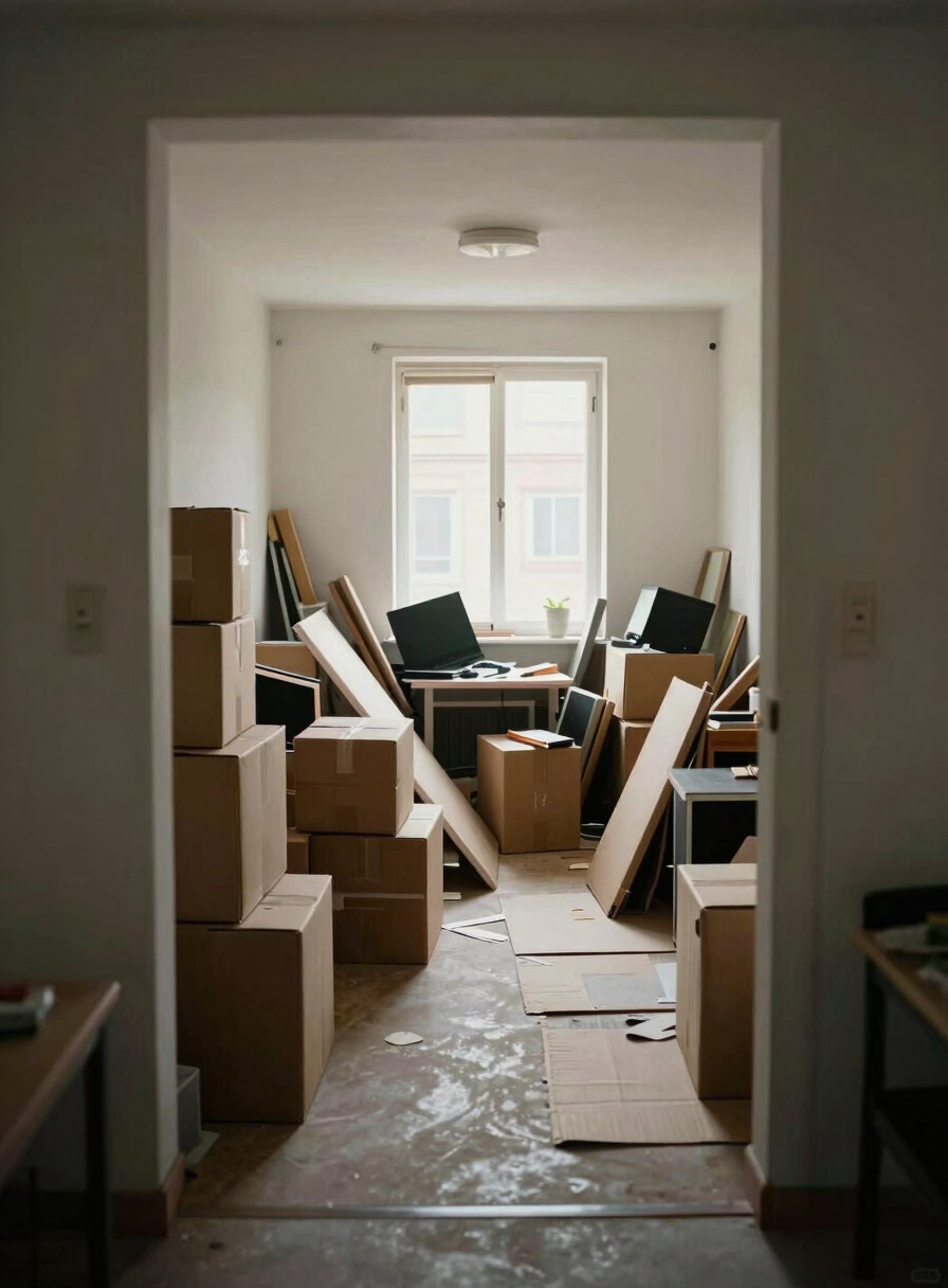 Wide environmental shot of a cluttered apartment room seen straight-on from the doorway, cardboard boxes stacked to the left, furniture piled in the centre, natural daylight from a side window casting flat even light, no people, no staging, documentary framing