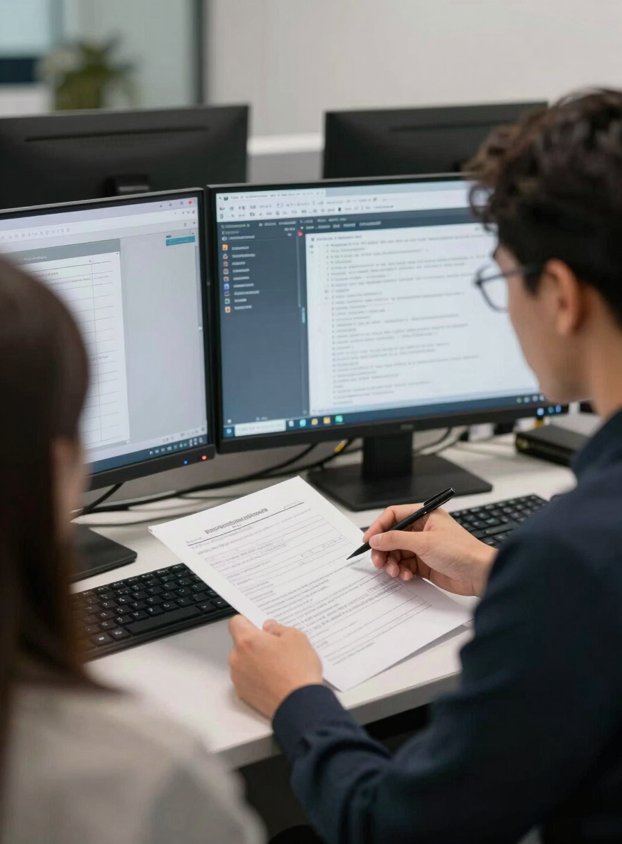 Medium shot of two professionals at a secure workstation reviewing classified software interface documentation under neutral office lighting, focus on the screens and paperwork, no faces visible