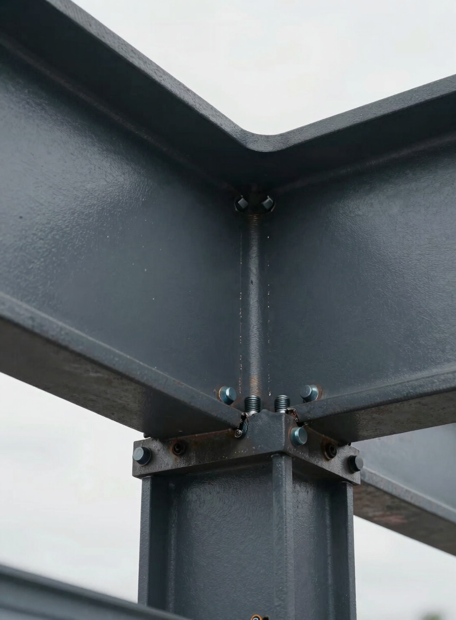 Close-up of a heavy structural steel beam connection point, high-strength bolts and weld seams under bright overcast light, sharp industrial detail, charcoal-gray surface finish