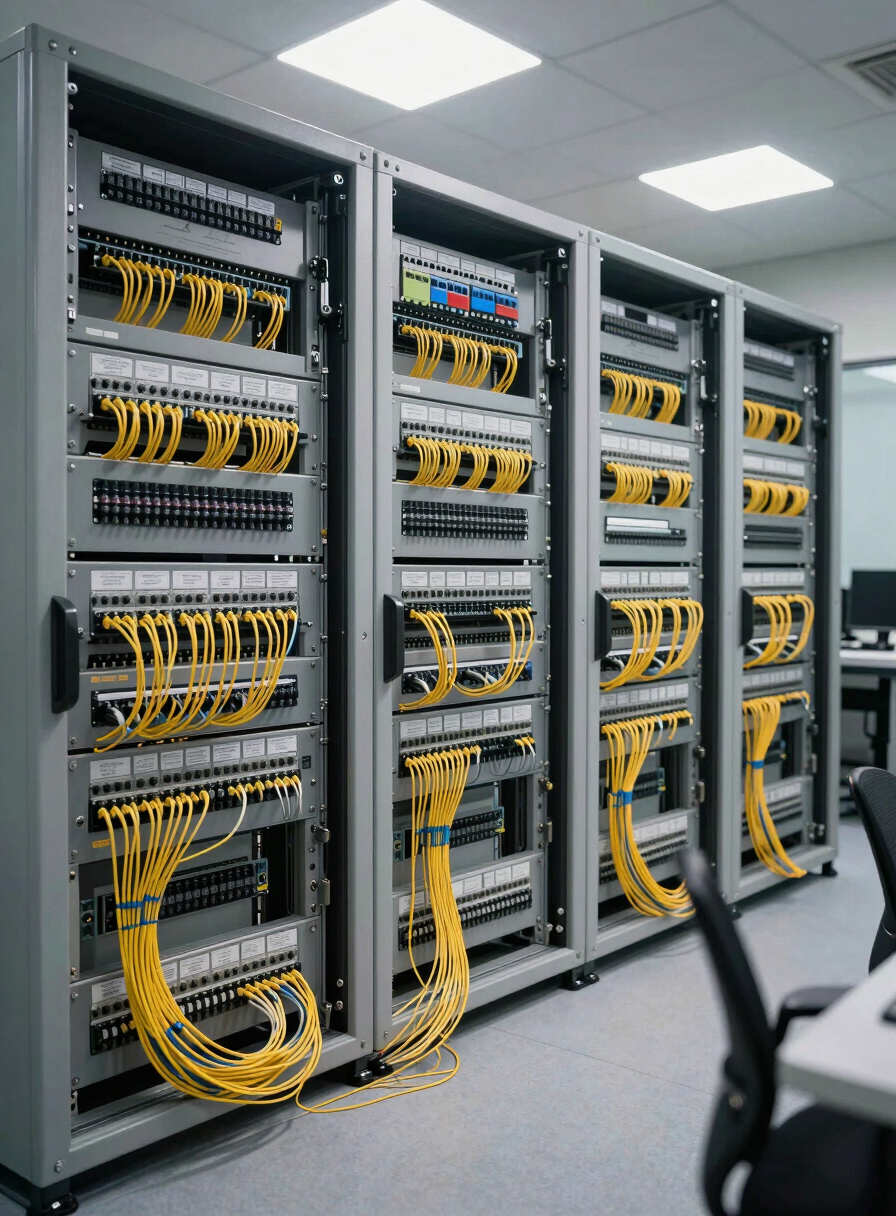 Wide environmental shot of a network operations room, patch panels and fiber terminations precisely labeled in neat rows, overhead studio strobe lighting casting clean sharp shadows revealing installation craftsmanship, no people, annotated cable runs visible in foreground