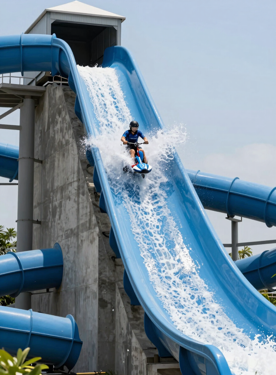 Close-up wide shot of a towering blue slide chute with a rider mid-drop, water spraying outward, bright midday sun overhead, concrete structure showing full scale