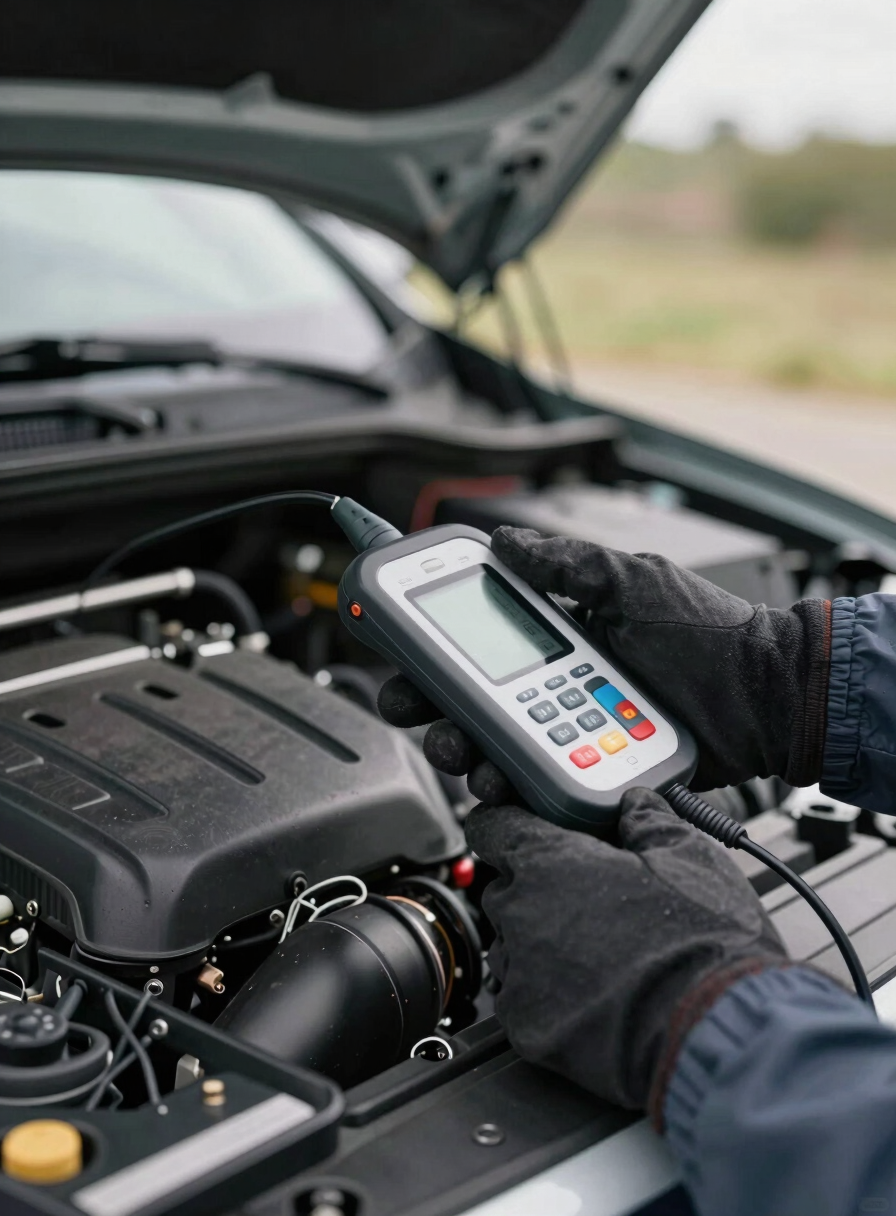 Close-up of a technician's gloved hands holding a diagnostic scanner connected to a vehicle OBD port under an open hood, natural overcast daylight, engine bay in soft focus behind, tool tray partially visible at frame edge