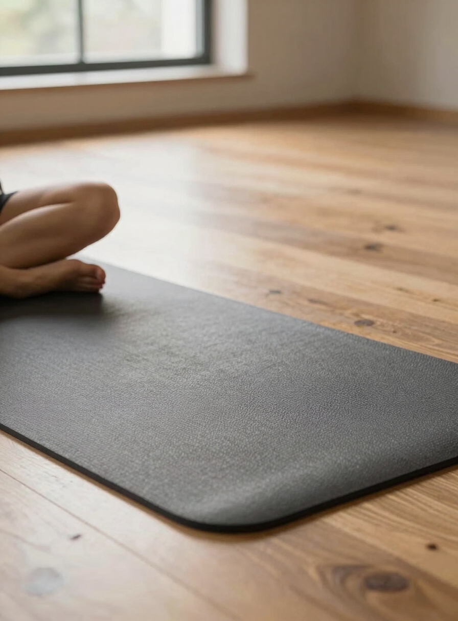 Close-up wide shot of a yoga mat's textured surface in a warm studio, bare feet in a grounded seated position visible at the lower frame, soft east-facing window light falling across wooden floor planks, empty room stretching behind, no people in background