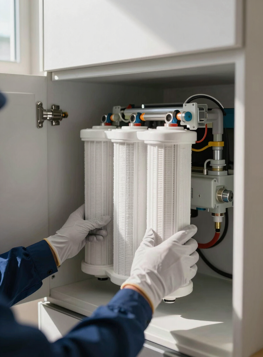 Close-up environmental shot inside a kitchen cabinet, technician's gloved hands securing a filter housing to a wall-mounted RO unit, white filter cartridges visible in a row, natural daylight from a window to the left casting soft shadows across the cabinet interior