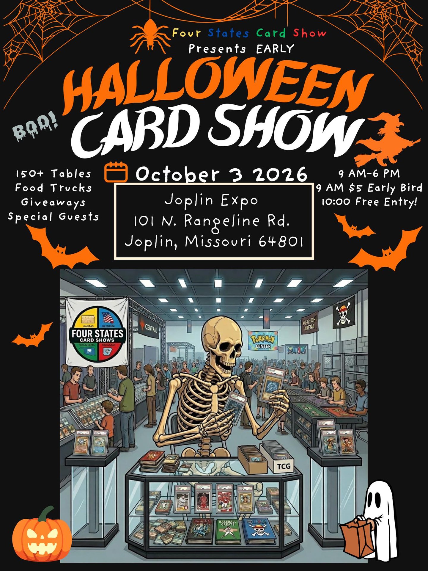 Halloween Flyer for October 3, 2026. The next free entry card show in Joplin Missouri at the Expo
