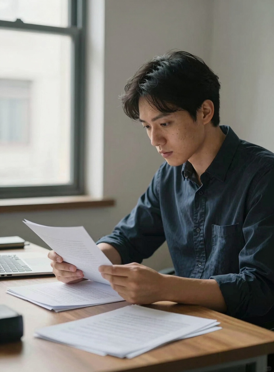 Small business owner seated at a desk reviewing documents in a modest regional office, natural window light from the left, papers and a laptop visible, mid-shot showing work context