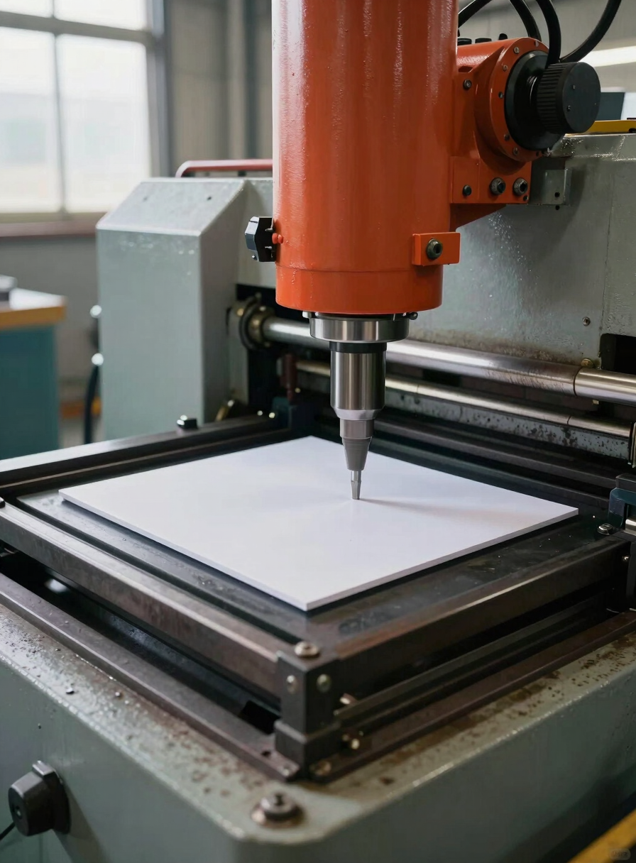 Close-up of a hydraulic plate-making machine die set in operating position on a factory floor, the orange-red hydraulic cylinder arm visible at top, a freshly pressed paper plate sitting in the open die cavity, ambient overcast factory daylight from the left, concrete floor detail in the lower foreground