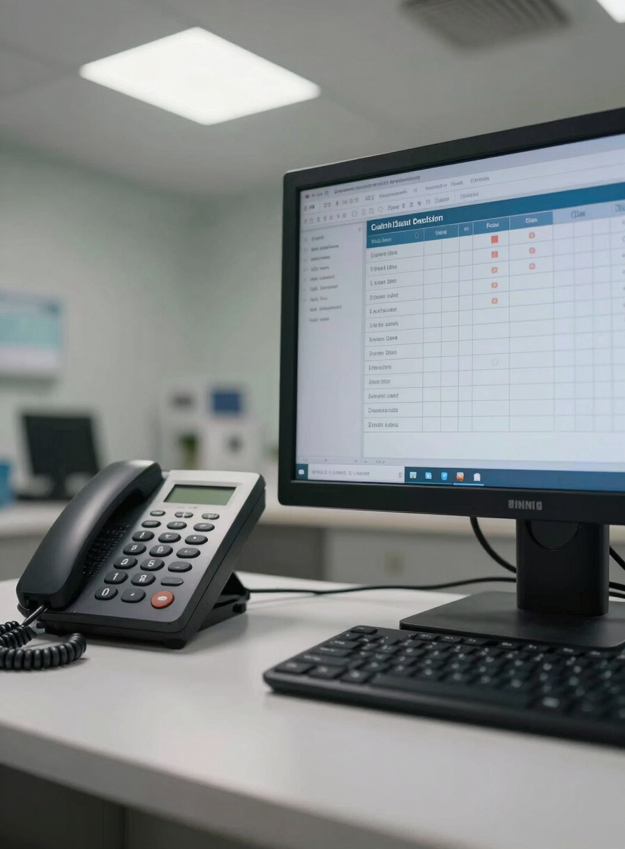 Close-up overhead shot of a clinic front desk surface, a ringing desk phone on the left, a monitor screen showing patient scheduling columns with appointment slots filled in, cool fluorescent overhead lighting, no people, organized and operational
