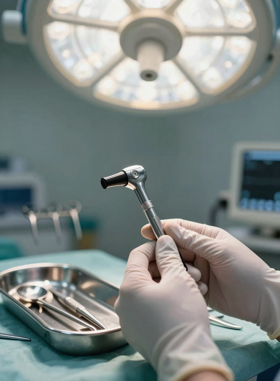 Close detail of gloved hands positioning a laryngoscope on a steel instrument tray under sharp overhead operating-room lighting, other surgical instruments arranged in precise rows behind, no faces visible, clinical fluorescent white light, shallow depth of field