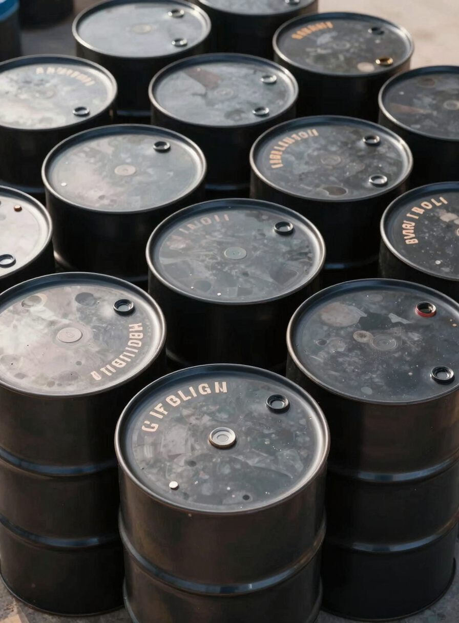 Close overhead shot of stacked black crude oil barrels with grade and origin stenciling visible on barrel heads, daylight industrial ambient, no people