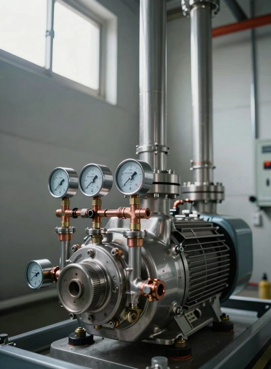 Close-up detail of an installed pressurization unit in a building service room, stainless steel pump body with pressure gauges and copper fittings in the foreground, clean concrete wall behind, cool daylight streaming from a high window, pipes running symmetrically upward, sharp industrial precision