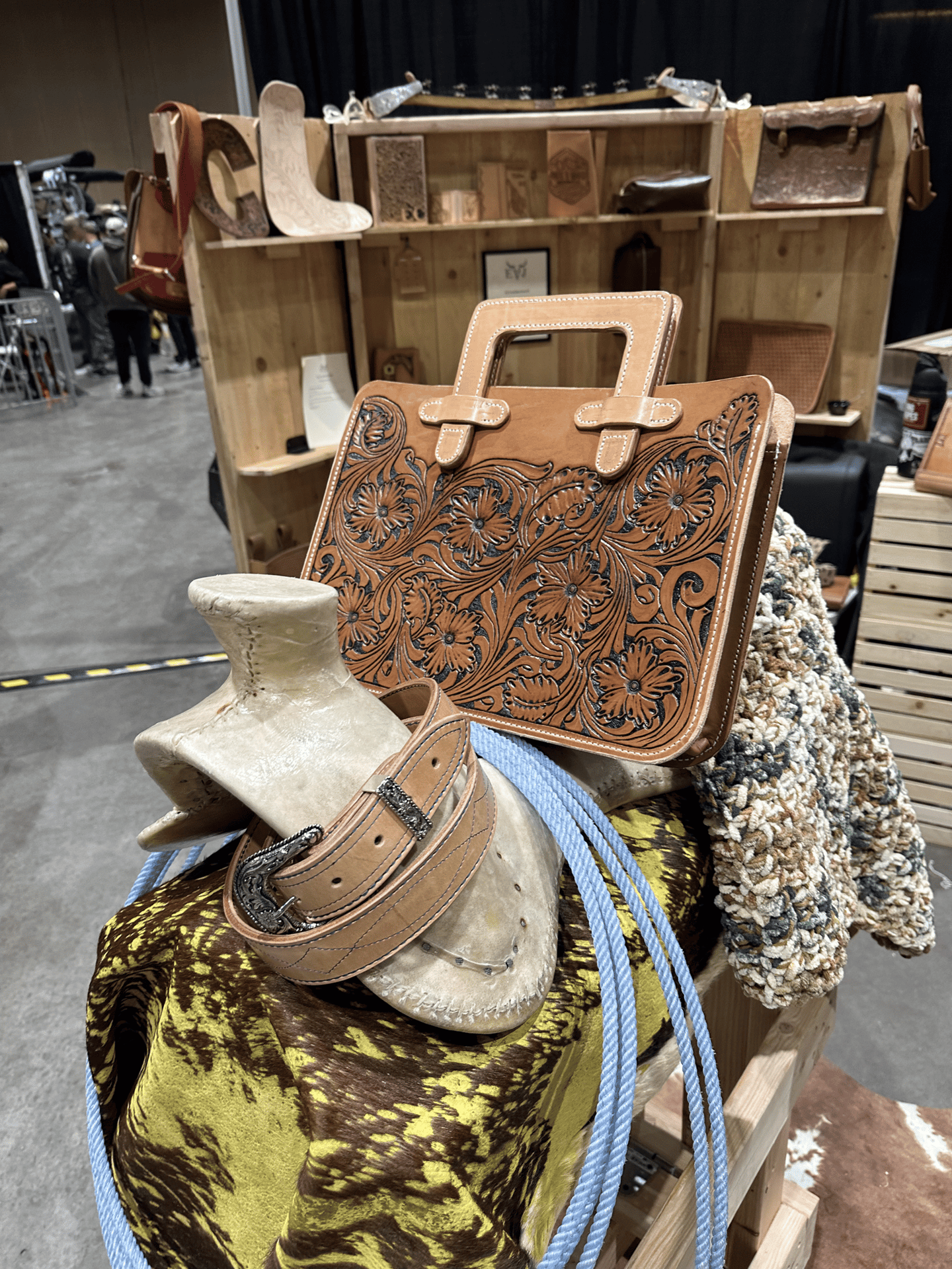 custom leather briefcase hand tooled floral design with western belt EJ Leather LLC