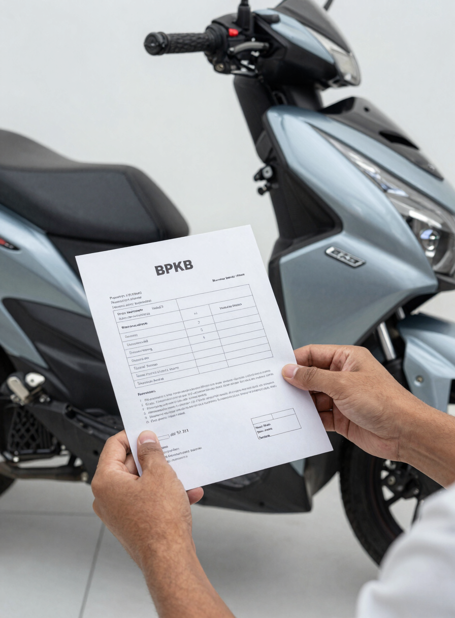 Close-up three-quarter angle of a Honda motorcycle and a BPKB document held in two hands on a clean white counter, bright overcast natural daylight, document text partially visible, vehicle details sharp and clear