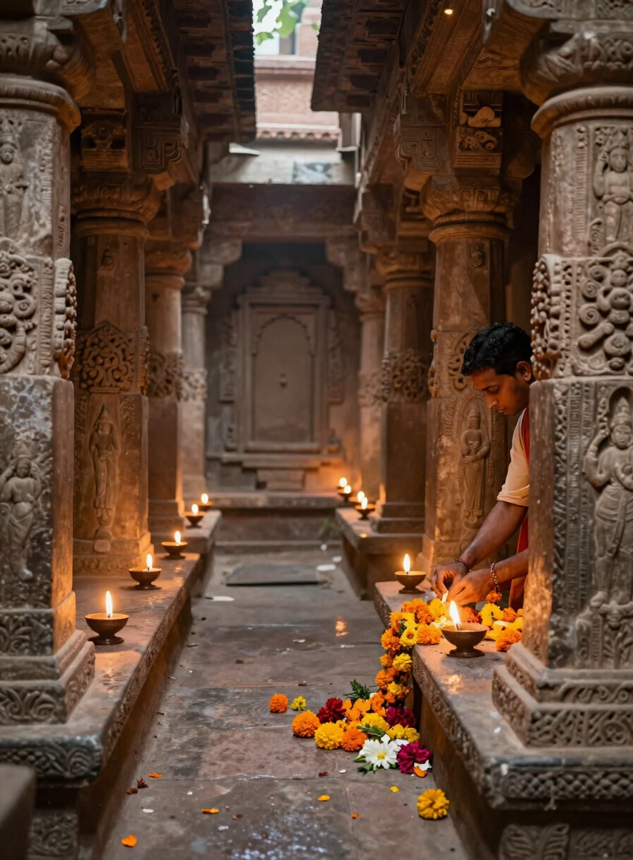Inside a narrow temple corridor in Varanasi, warm oil-lamp light illuminating carved sandstone walls, a pilgrim's hands placing marigold offerings on a stone threshold, diffused natural light filtering from above
