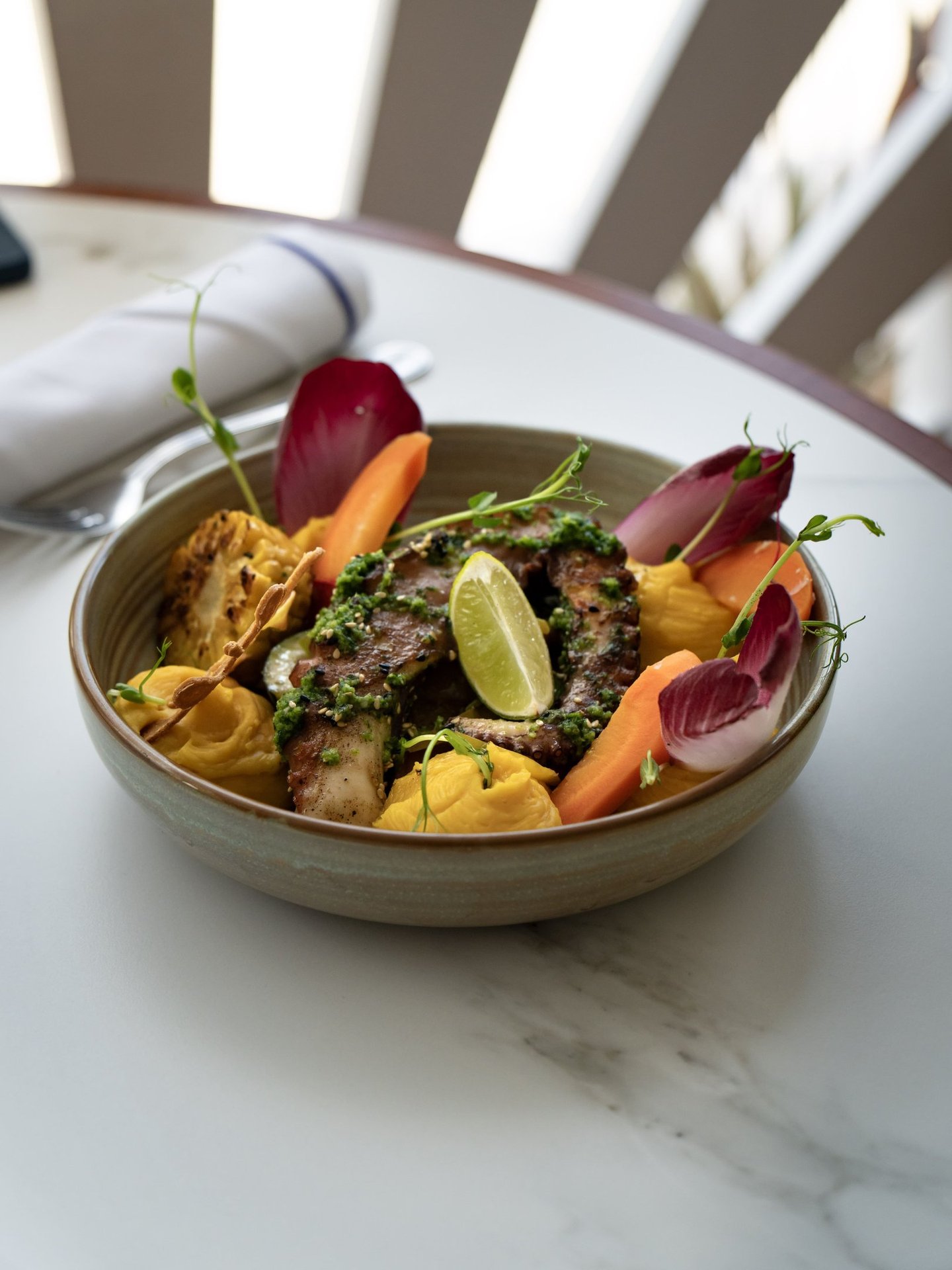Une assiette de tentacule de poulpe braisé et petits légumes